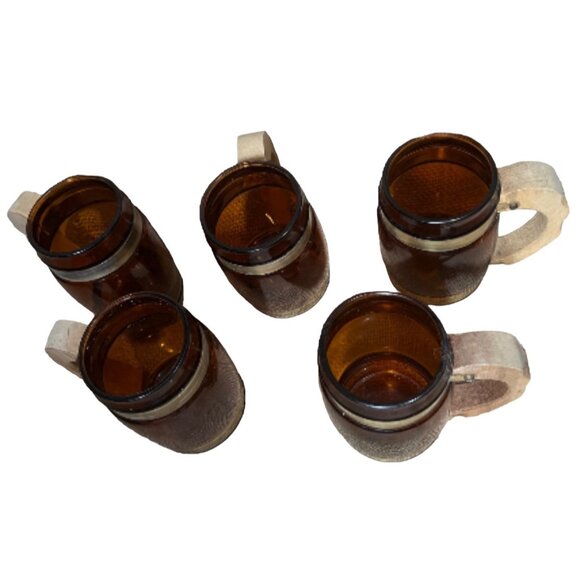 Vintage 1960s Siesta Ware Amber Glass Barrel Mugs Set Of 5 With Wooden Handles & - Picture 7 of 10